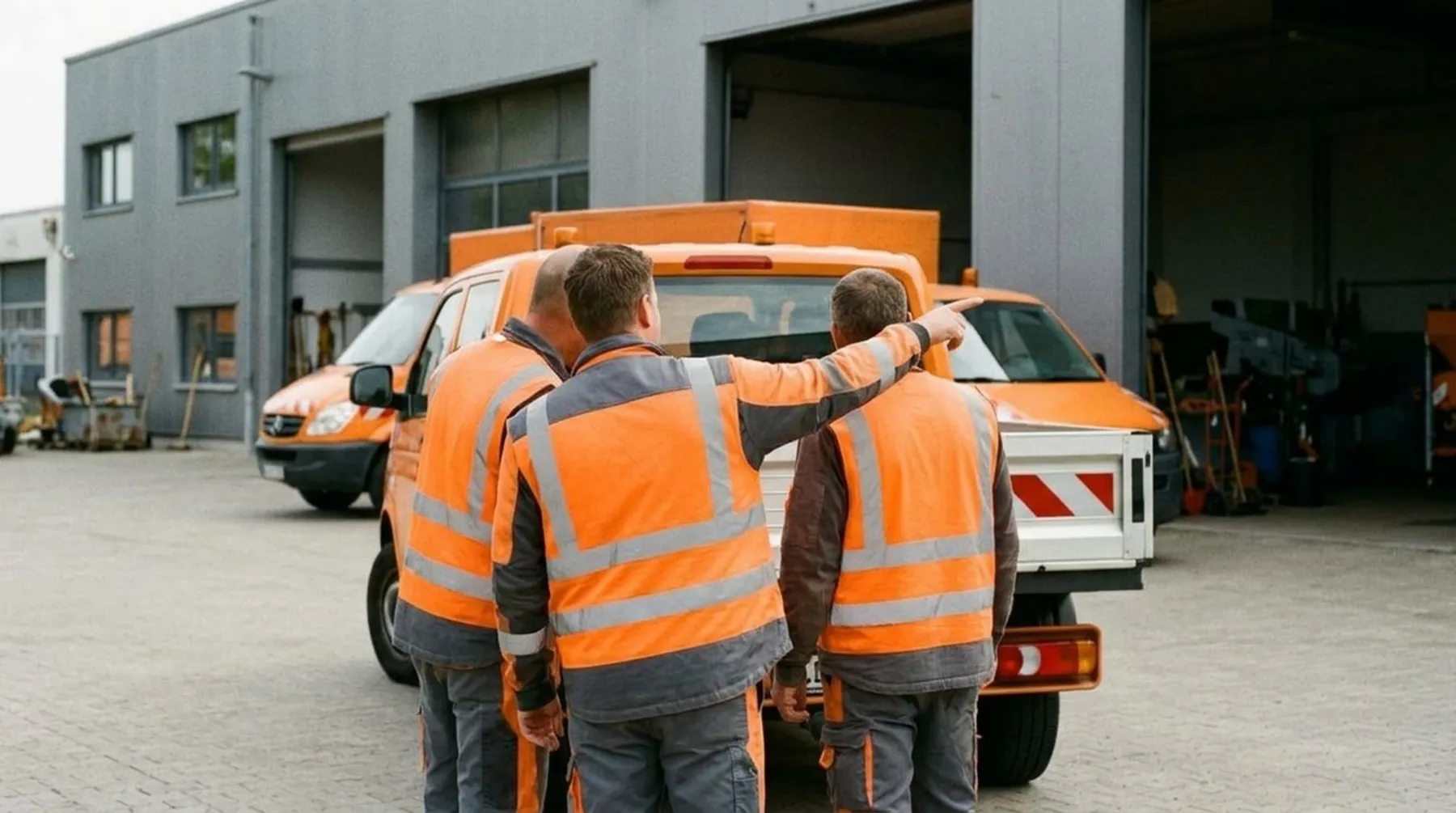 Drei Mitarbeiter in orangefarbener Warnkleidung stehen an einem Fahrzeug auf dem Betriebshof.