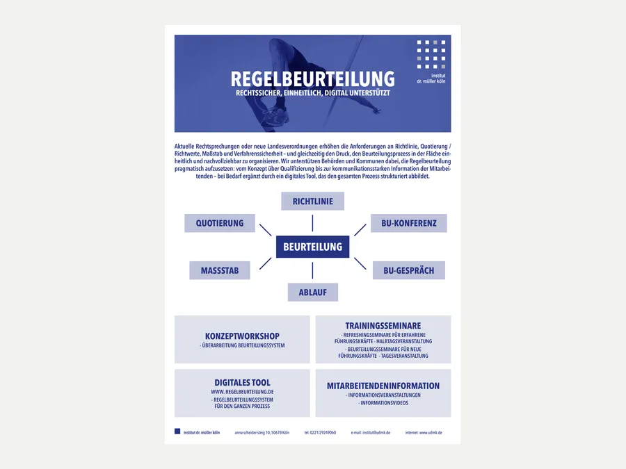 Vorschau des Flyers zur Regelbeurteilung mit dem Schaubild der sechs Bausteine und den vier Leistungen des Instituts.