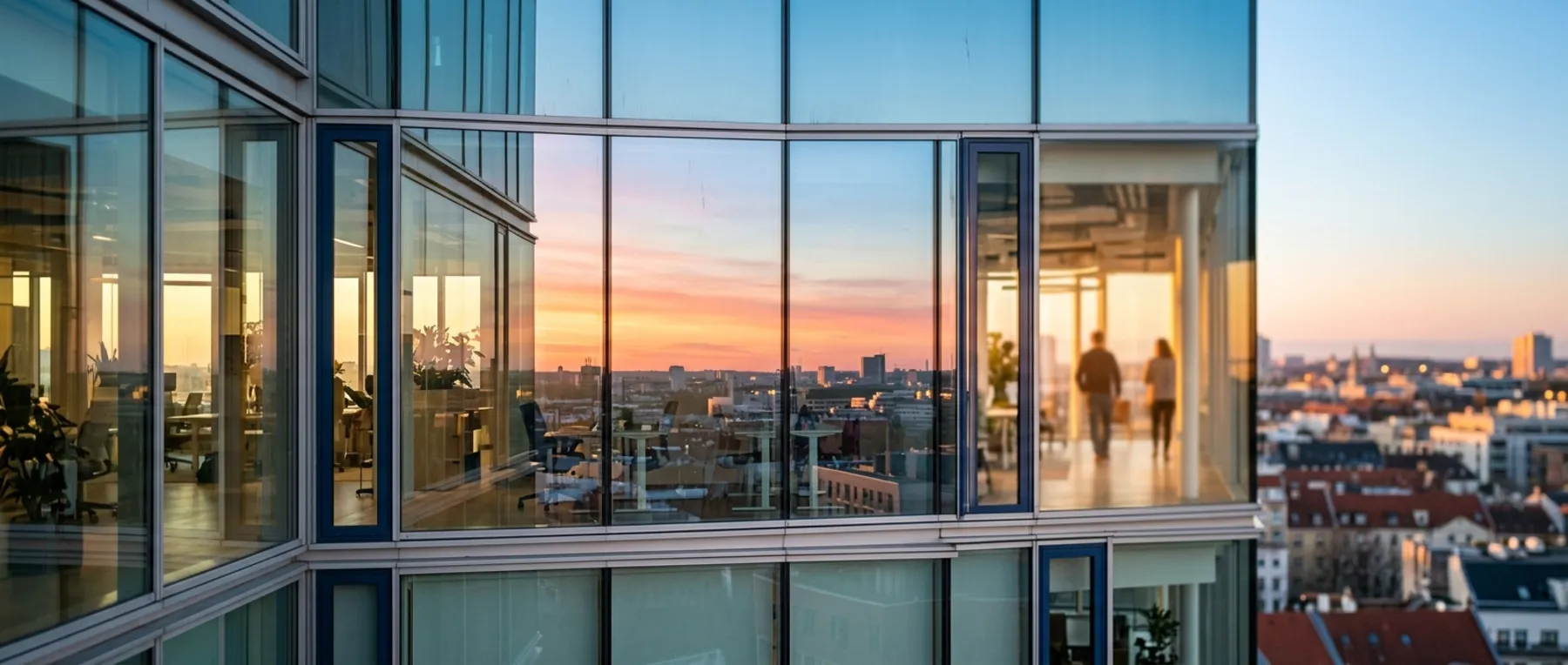 Glasfassade eines Bürogebäudes im Abendlicht, dahinter Büroräume, in den Scheiben spiegeln sich Abendhimmel und Stadt.