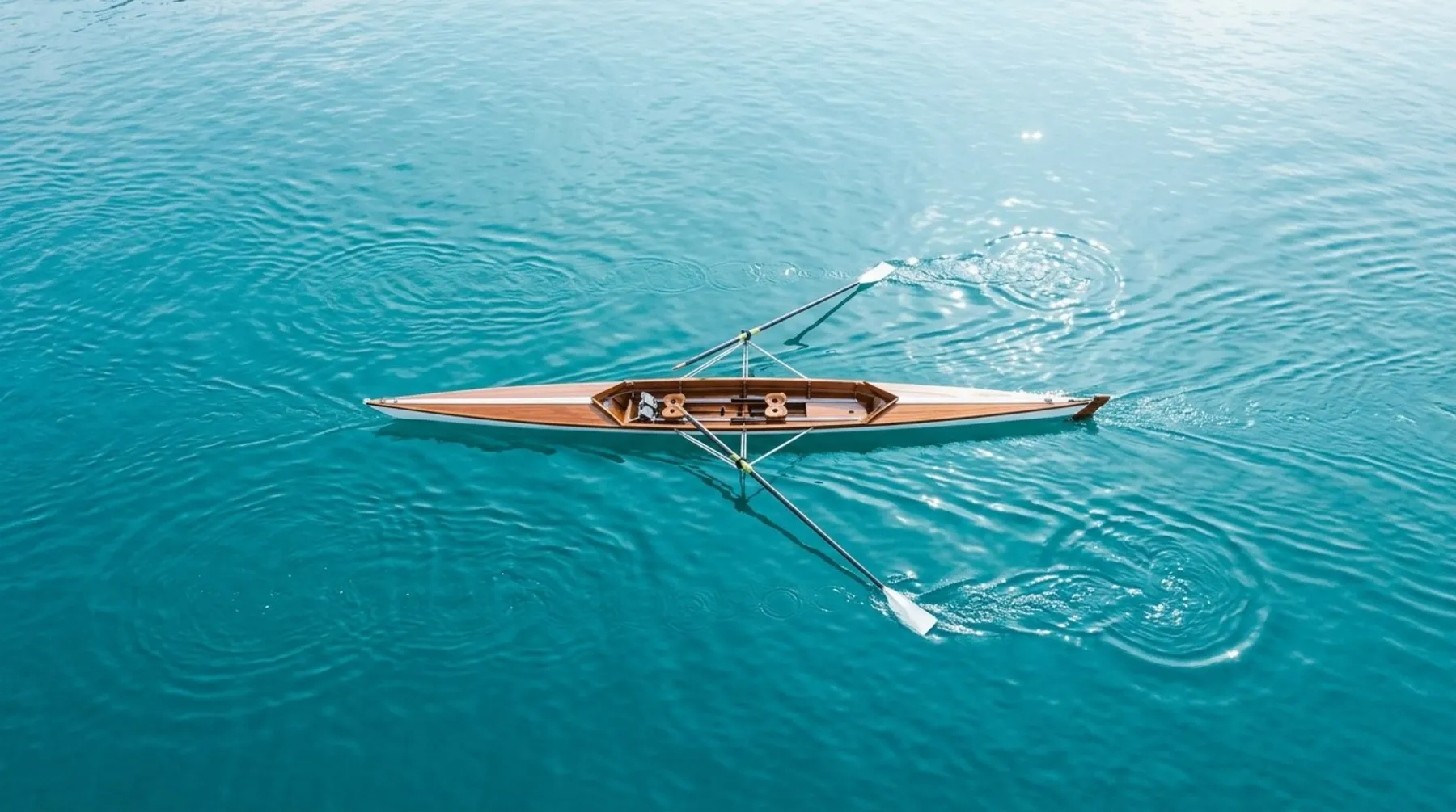 Ein Ruderboot mit Mannschaft gleitet über türkisfarbenes Wasser, von oben gesehen.