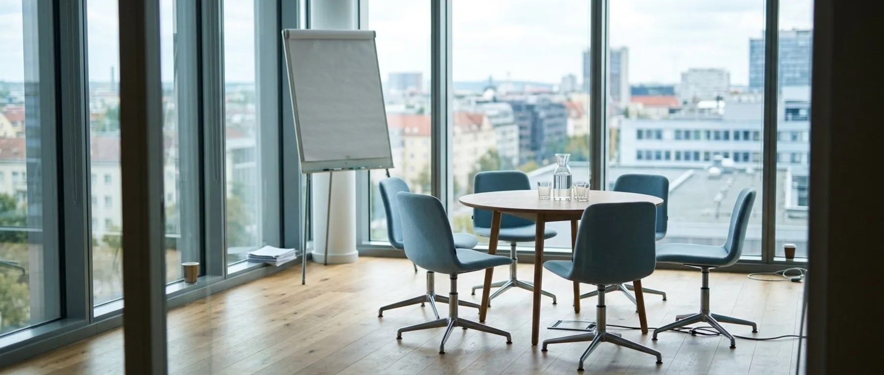 Ein runder Besprechungstisch mit fünf Stühlen und einem leeren Flipchart steht vor einer Fensterfront mit Blick über die Stadt.