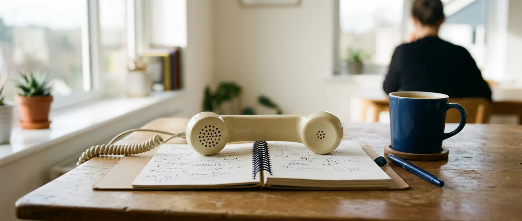 Ein Telefonhörer liegt auf einem Notizbuch neben einer Tasse auf einem Schreibtisch am Fenster.