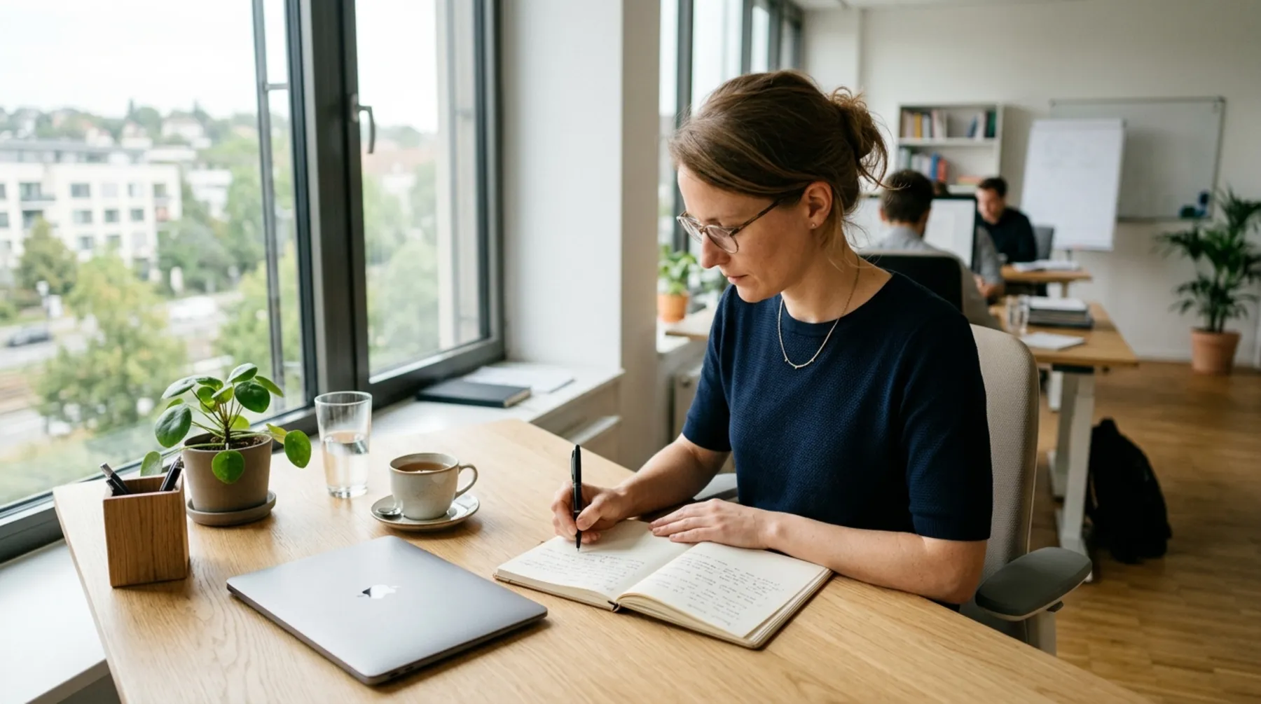 Eine Person arbeitet konzentriert mit Notizbuch an einem Tisch am Fenster.