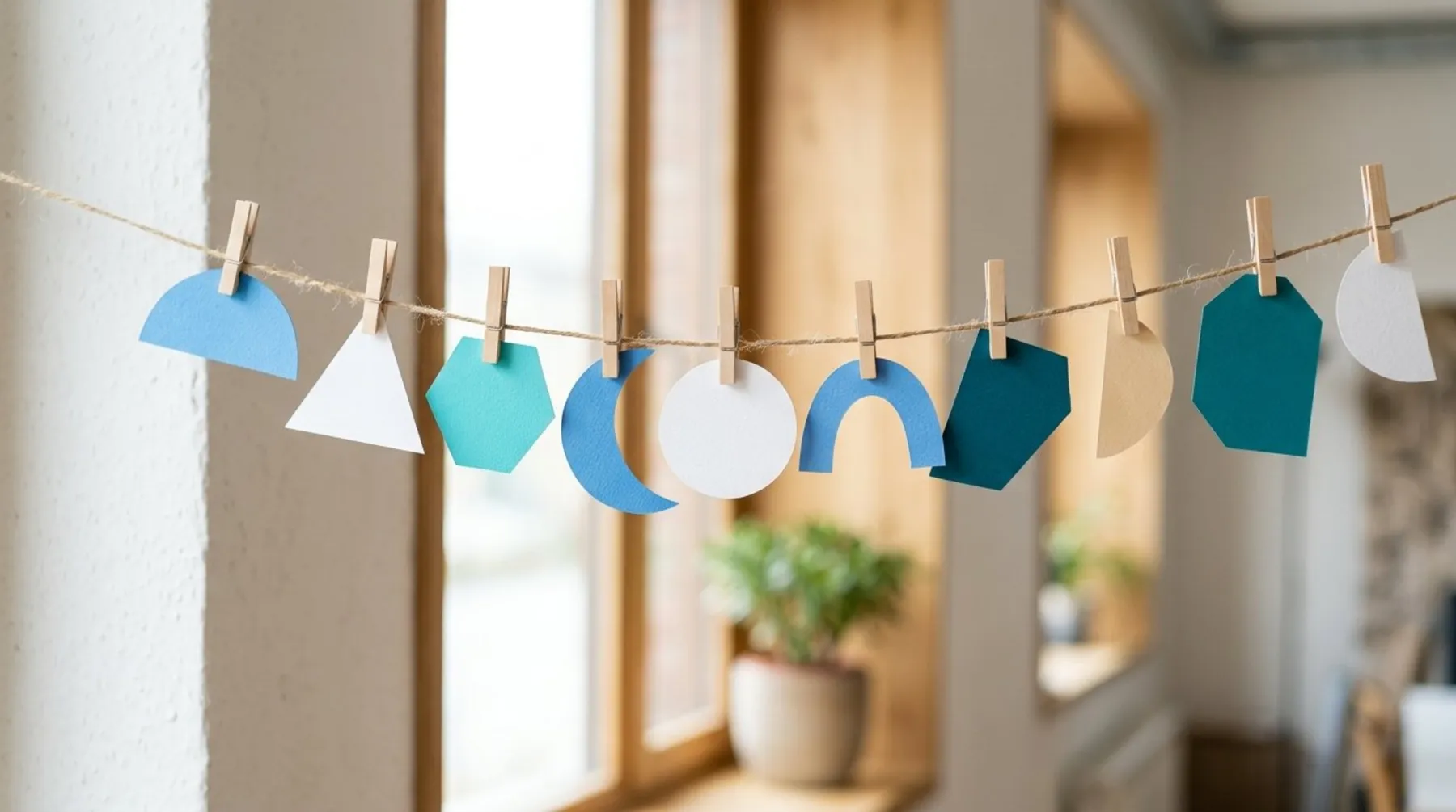 Eine Wimpelkette aus blauen Papierformen hängt vor einem Fenster.